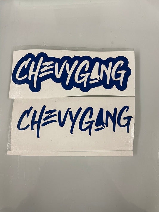 5.5x2 blue “chevy gang” vynyl decal 2 pcs top and bottom (5.5x4.5 shipping)