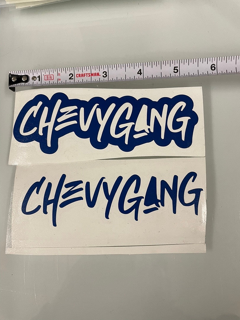 5.5x2 blue “chevy gang” vynyl decal 2 pcs top and bottom (5.5x4.5 shipping)