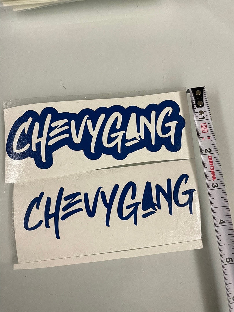 5.5x2 blue “chevy gang” vynyl decal 2 pcs top and bottom (5.5x4.5 shipping)