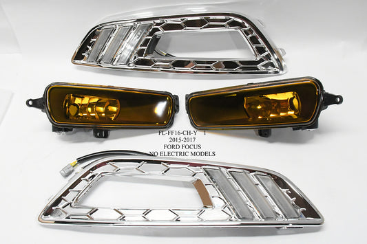 Chrome amber set of Fog Lights Enhanced visibility luz antiniebla cromado ámbar 15-17 Ford Focus Does Not Fit Electric Models FL-FF16-CH-Y